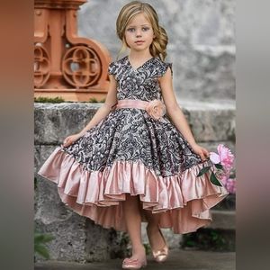 MIA BELLE GIRLS pink printed satin hi-lo ruffle dress